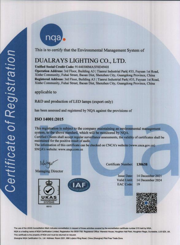 ISO14001:2015 - DUALRAYS LIGHTING Co.,LTD.