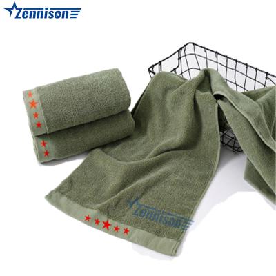 中国 Quickly Dry Sustainable Soft Towel Olive Green Military Training Pure Cotton Army Bath Towel 販売のため