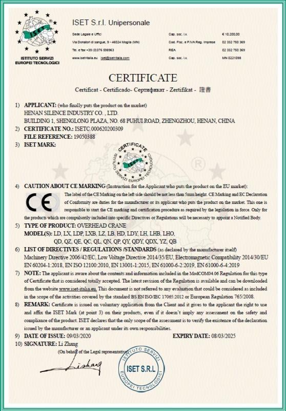CE-OVERHEAD CRANE - Henan Silence Industry Co., Ltd.