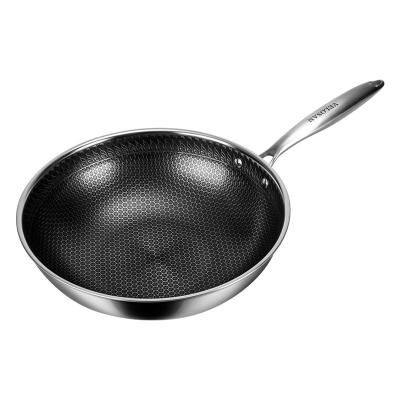 China Silver 304 Stainless Steel Honeycomb Wok 2.35kg Coating Frying Pan 22.5cm Handle for sale