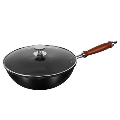 China 9.3cm Deep Black Carbon Steel Frying Pan Forged Wooden Handle for sale