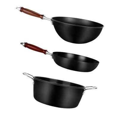 China De tres pedazos de carbono del acero del wok del sistema de la nitruración sistema del Cookware del palillo no en venta