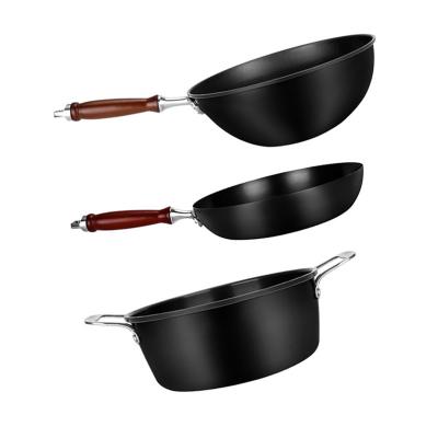China Three Piece Carbon Steel Non Stick Wok Set 1.25kg 6.2cm Height for sale