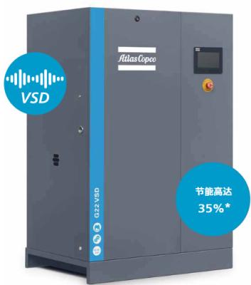 China Baixos custos operacionais com a tecnologia G 7-22 VSD e compressor de ar rotativo de parafuso Atlas injetado em óleo à venda