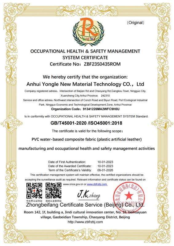 ISO 45001 Occupational Health&Safety Management System Certificate - Anhui Yongle New Material Technology Co., Ltd.