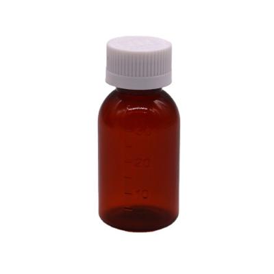 China Botella de líquido de jarabe de plástico de color ámbar PET de 30 ml con tapa de tornillo a prueba de alteraciones en venta