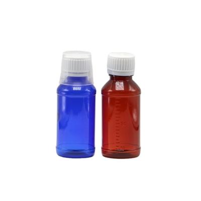 China 100cc PET Ambar/Laranja/Azul frasco de xarope para tosse de bordo com tampa de segurança e selo térmico à venda