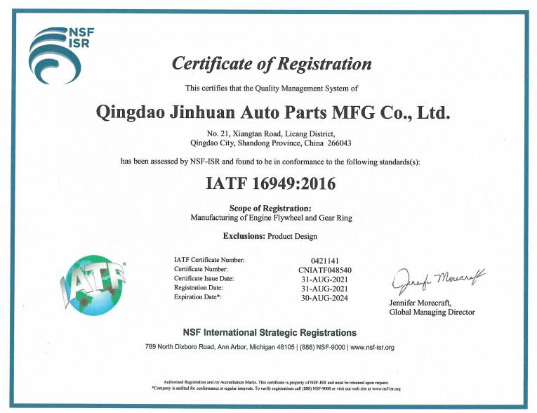 IATF 16949:2016 - Jinhuan Auto Parts Manufacturing Co., Ltd
