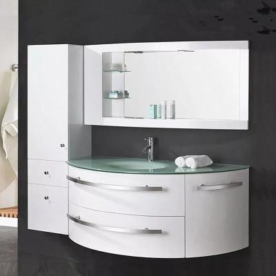 China Floating Cabinet Modern Bathroom Vanity In Green Glass Top White Glossy for sale