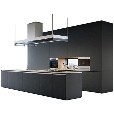 China 18mm E1 MDF Large Island Matte Black Kitchen Cabinets With Handleless Fronts for sale
