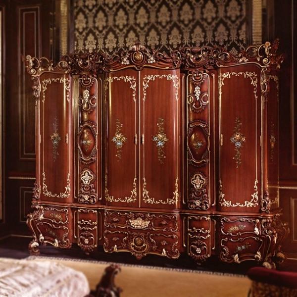 Quality Handmade Carved Bedroom European Style Closet Red Four Door Wooden Wardrobe for sale