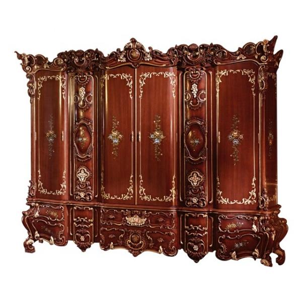 Quality Handmade Carved Bedroom European Style Closet Red Four Door Wooden Wardrobe for sale