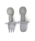 China Grey Training Silicone Fork And Spoon Teether OEM Service With Size Is 9.5x9.5x4 Cm And Weight Is 45 Gram for sale