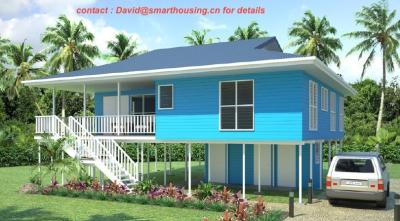 China Fireproof Two-Story Prefab Beach Bungalow , Blue Home Beach Bungalows Wooden Bungalow for sale