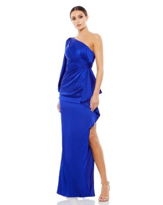 China Beautiful One Shoulder Long Sleeve Ruched Satin Custom Made Dress for Mother of Bride for sale