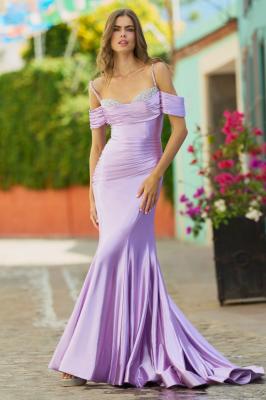 China Elegant Crystal Beads Cold Shoulder Sleeves Satin Fitted Bodice Pleats Flare Mermaid Prom Dresses for sale