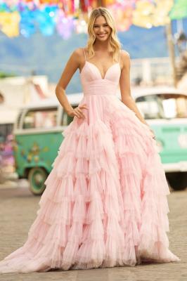 China Charming Sleeveless Spaghetti Strap Wide Waistband Ruched Ruffled Tiers V-Back Tull Ball Gown Prom Dresses for sale