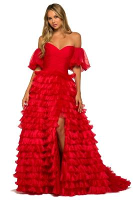 China Shipping Way Sf Strapless Tiered A-Line Slit Gown with Bubble Sleeves and Long Train for sale