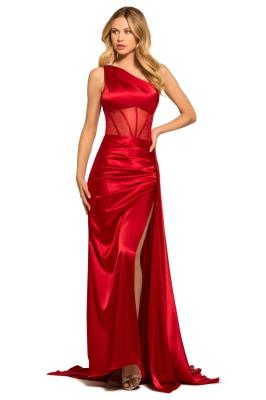 China Custom Made Fashion Asymmetrical Corset Bodice Sheath High Slit Long Train Pleated One Shoulder Prom Gown for sale