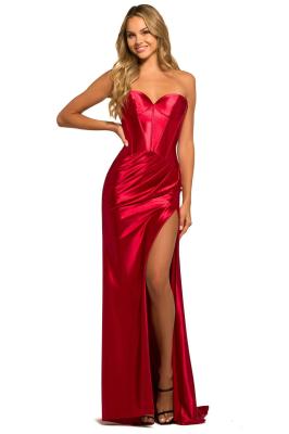 China Natural Waistline Strapless Corset Bodice High Slit Sweetheart Long Train Prom Dresses for sale