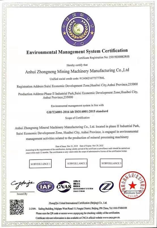 Environmental Management System Certification - Anhui Sinomining Machinery Co., Ltd