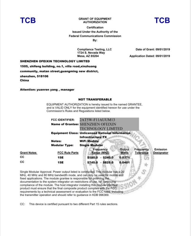 FCC Certificate - Shenzhen Ofeixin Technology Co., Ltd