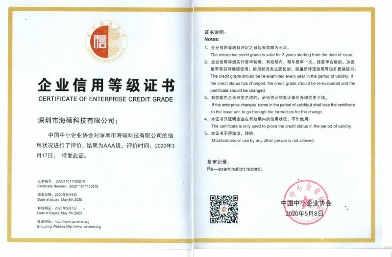 Certificate of Enterprise Credit Grade - HiOSO Technology Co., Ltd.