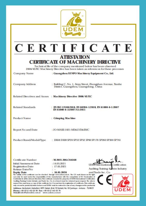 CERTIFICATE OF MACHINERY DIRECTIVE - Guangzhou Xunpo Machinery Equipment Co., Ltd.