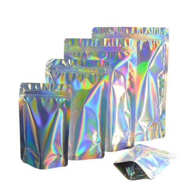 China Custom Printing Holographic Stand Up Pouch Mylar Zipper Bags One Side Clear For Food for sale