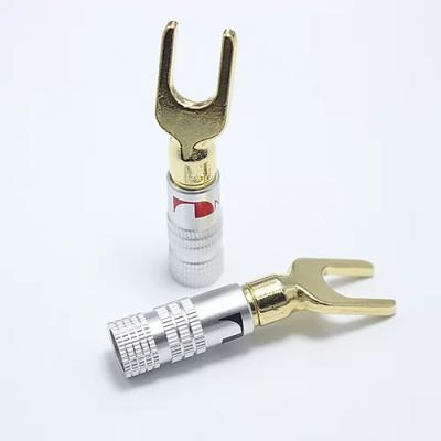 China Antiwear Copper Spade Y Connector , Silver Nakamichi Locking Banana Plugs for sale