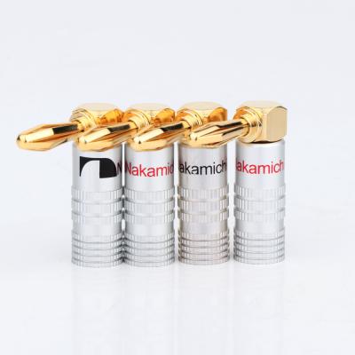 China Right Angle 4mm Nakamichi Banana Plugs Aluminum Shell 24K Gold Plated for sale
