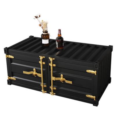 China Black Iron Metal Shipping Container Coffee Table With Golden Handle for sale