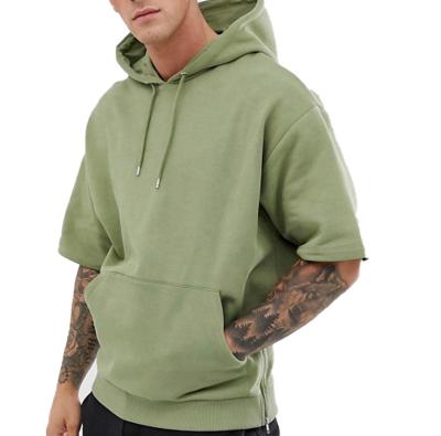 China Men Short Sleeve Oversized Sweatshirt Side Zips Pouch Pocket Drawstring Hood for sale
