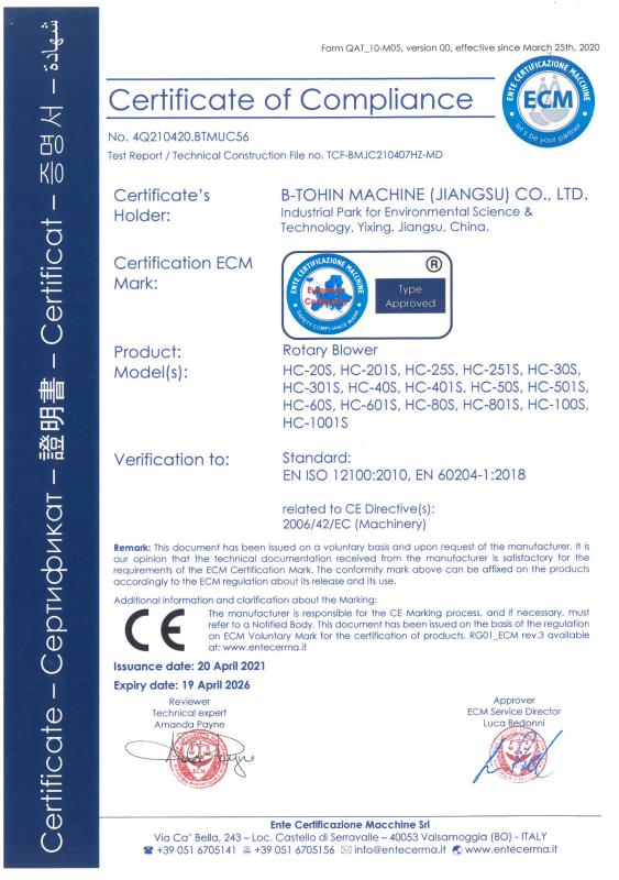 Certificate of Compliance (CE) - B-Tohin Machine (Jiangsu) Co., Ltd.