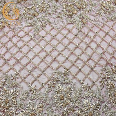 China Nigerian Styles Gold Beaded Lace Fabric Handmade Tulle Embroidery 135cm Width for sale