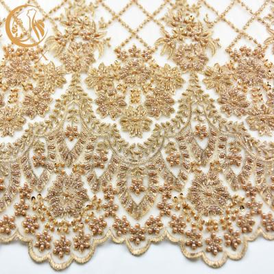 China 1 Yard Lengh Eco Friendly Gold Bridal Lace Fabric 140cm Width Beaded Heavy for sale