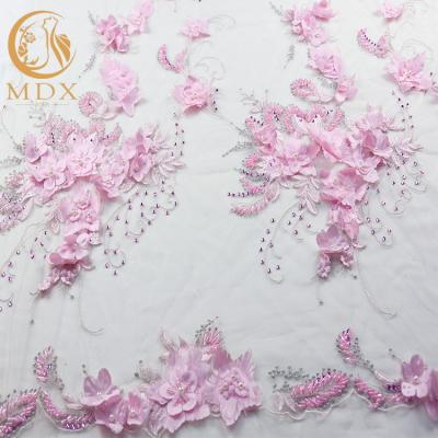 China 53 Inch Floral Embroidered Lace 20% Polyester Handmade Pink Flower Lace for sale