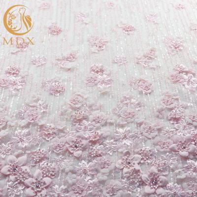 China Excellent 3D Flower Lace Customized Embroidery 1 Yard Length Pink Floral Lace Fabric for sale