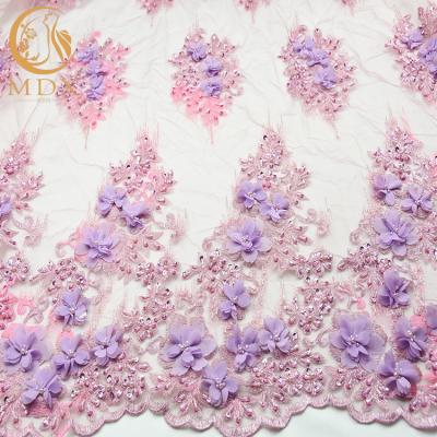 China Soft 3D Flower Lace Fabric 135cm Widh Tulle Polyester Hand Embroidered Net Fabric for sale