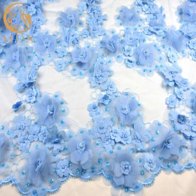 China Custom Dress 3D Flower Lace Fabric Material Nylon With Beaded Embroidery for sale
