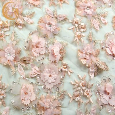 China French 3D Flower Lace Fabric Beaded Handmade 1 Yard Pink Lace Cloth for sale