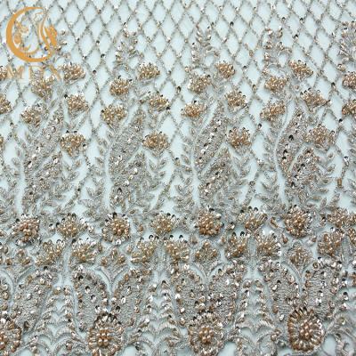 China Beaded Nice Lace Fabric Exquisite 91.44cm Length Types Of Handmade Lace for sale