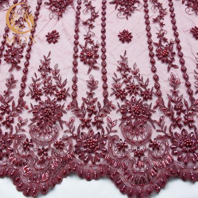 China Elegant Bridal Red Beaded Lace Fabric African Style Customized For Dress for sale