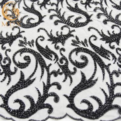 China Tela bordada negro suave del cordón de Mesh Beaded Lace Fabric 3D 1 yarda en venta