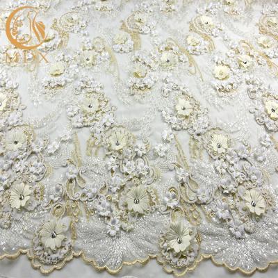 China Sparkly Rhinestones Bridal Lace Material / French Lace Wedding Dress Fabric for sale