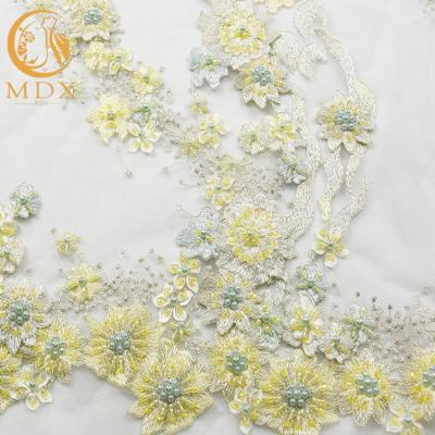 China Nice 3D Flowers Light Yellow Lace Fabric 140cm Width Types Of Bridal Lace for sale