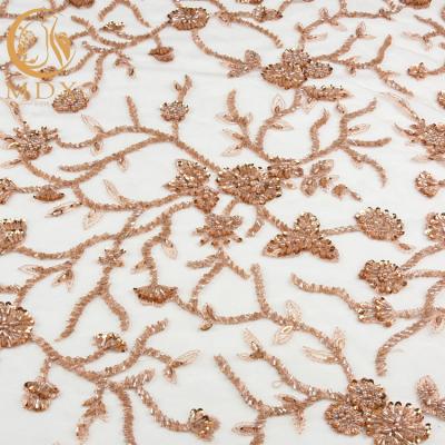China Water Soluble Golden Lace Fabric Beaded Polyester Bridal Dress Lace Fabric for sale