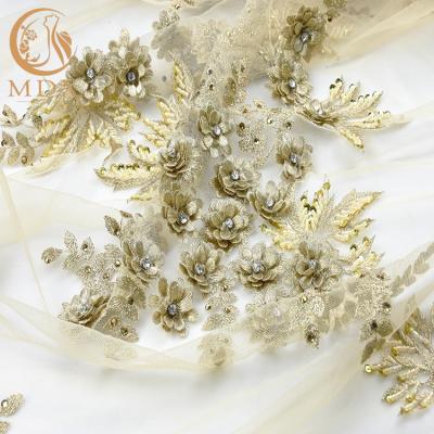 China Gold Rhinestones Bridal Lace Fabrics Polyester Decoration 55 Inch Width for sale