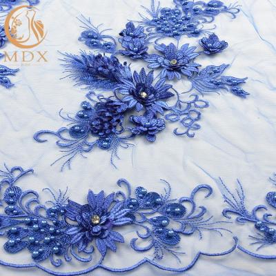 China MDX Royal Blue Lace Fabric / Beaded Bridal Lace Intricate Design for sale