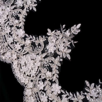 China Classic Embroidered 3D Flower Lace Trim 53 Inch Width With Beads for sale